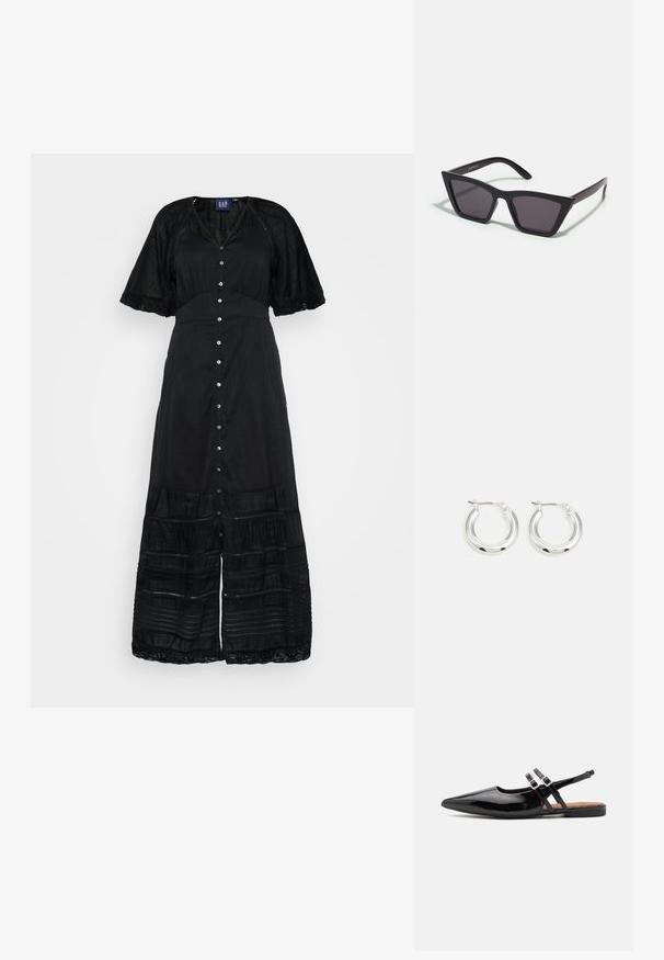 Robe maxi noire avec un devant à boutons, des manches courtes avec dentelle, un tissu texturé et des éléments de design en couches au niveau de l'ourlet.; Des chaussures slingbacks en cuir verni noir présentent un bout pointu, deux sangles avec des accents de boucle, et une semelle plate.; Lunettes noires angulaires avec des verres gris ; fabriquées en plastique, avec des branches épaisses à la surface lisse et sans matériel visible.; Boucles d'oreilles en argent avec une finition polie, présentant une forme circulaire et une fermeture à charnière. Texture lisse avec un minimum de détails.