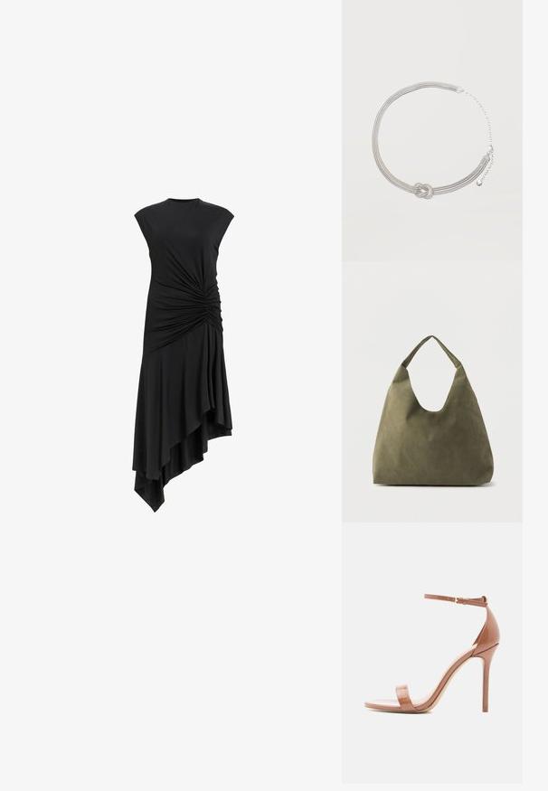Zwarte mouwloze jurk met geplooide details aan de zijkant, voorzien van een asymmetrische zoom die elegant valt. Zachte stofstructuur.; Naakte lakleren sandalen met hak, voorzien van een dunne enkelband, open tenen en een naaldhak. Gladde textuur en minimalistische stijl.; Schoudertas van zacht leer in olijfgroen met een brede, enkele band en een ontspannen, ongestructureerde vorm op een lichte achtergrond.; Zilveren ketting met meerdere strengen en een centraal knoopdetail, voorzien van een verstelbare sluiting, op een effen lichte achtergrond.
