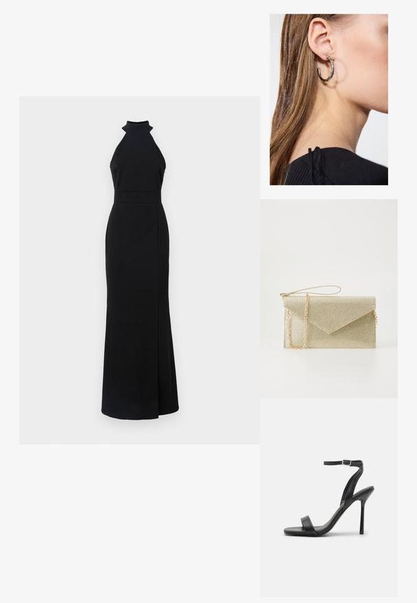 Zwarte halternek jurk met een getailleerde bovenkant, een lange rok en een zijsplit. Gemaakt van gladde stof met een strakke, minimalistische uitstraling.; Zwarte hoge hakken sandaal met een slanke enkelband en twee voorste banden. Gemaakt van soepel leer met een slanke puntneus en een stiletteloze hak.; Gouden mesh clutch tas met een driehoekige klep, kettingriem en een soepele afwerking. Compact rechthoekig van vorm met een subtiele glans.; Zilveren oorbel met een gepolijste afwerking, met kleine gouden accentdetails en een ronde vorm, gedragen op de oorlel.