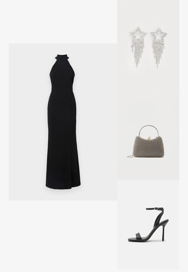 Zwarte halternek jurk met een getailleerde bovenkant, een lange rok en een zijsplit. Gemaakt van gladde stof met een strakke, minimalistische uitstraling.; Zwarte hoge hakken sandaal met een slanke enkelband en twee voorste banden. Gemaakt van soepel leer met een slanke puntneus en een stiletteloze hak.; Kleine handtas met zilverkleurig rasterpatroon, gebogen handvat, grote parel sluiting en een dunne zilveren kettingriem op een effen achtergrond.; Rhinestone ster oorbellen met waterval franje, in een zilverkleurige tint en een glanzend, reflecterend oppervlak. Stervorm met ingewikkeld ontwerp.