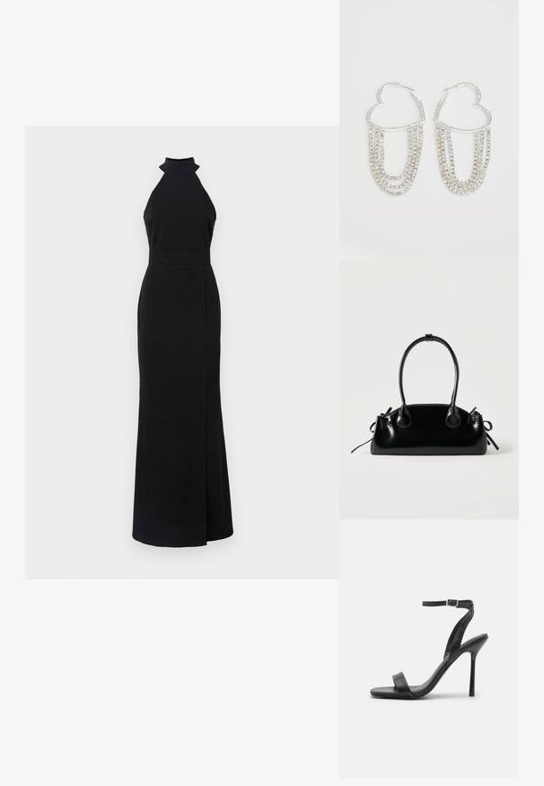 Robe noire à col halter avec un corsage ajusté, une jupe longue et une fente sur le côté. Fabriquée en tissu lisse avec un design épuré et minimaliste.; Sandale à talons hauts noire avec une fine sangle au niveau de la cheville et deux bandes à l'avant. Fabriquée en cuir lisse avec un bout pointu élégant et un talon aiguille.; Petit sac à main noir brillant avec deux longues anses et des détails à cordon sur les côtés sur un fond clair uni.; Boucles d'oreilles en argent en forme de cœur, ornées de fils tombants de strass transparents pour plus d'éclat et de texture.