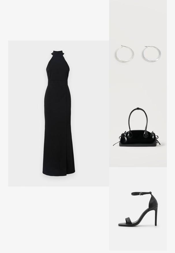 Robe noire à col halter avec un corsage ajusté, une jupe longue et une fente sur le côté. Fabriquée en tissu lisse avec un design épuré et minimaliste.; Sandale noire à talons hauts au design épuré, avec une bride au niveau de la cheville, un bout ouvert et une texture en cuir lisse.; Petit sac à main noir brillant avec deux longues anses et des détails à cordon sur les côtés sur un fond clair uni.; Boucles d’oreilles créoles en métal argenté avec une surface lisse légèrement incurvée et des fermoirs à clapet sur un fond blanc uni.
