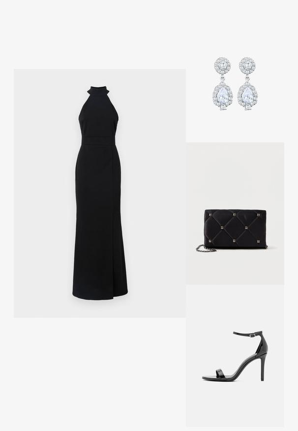 Robe noire à col halter avec un corsage ajusté, une jupe longue et une fente sur le côté. Fabriquée en tissu lisse avec un design épuré et minimaliste.; Sandale à talons hauts en cuir verni noir avec une fine bride de cheville, à bout ouvert, au design minimaliste et à la finition lisse et brillante.; Clutch en satin matelassé noir avec des clous en pyramide argentés, chaîne, forme rectangulaire et texture lisse. Dimensions de 10 cm x 18 cm x 4 cm.; Boucles d'oreilles ton argent avec un clou rond en sertissage pavé, et une goutte en forme de poire entourée de petites pierres, soulignant un effet scintillant.