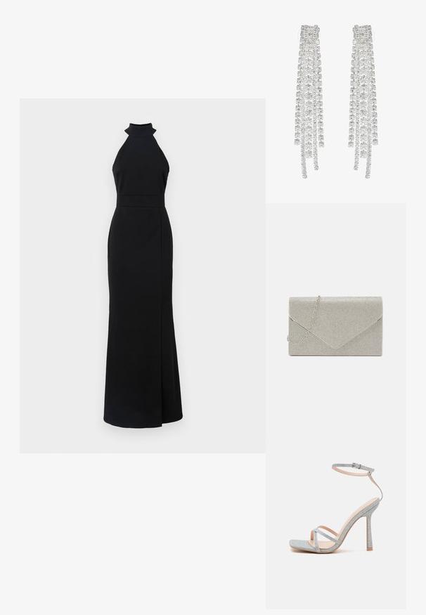 Robe noire à col halter avec un corsage ajusté, une jupe longue et une fente sur le côté. Fabriquée en tissu lisse avec un design épuré et minimaliste.; RAID WILIA - Sandales à talons hauts - silver; Pochette argent métallique au design d'enveloppe, ornée d'un motif texturé, avec une chaîne amovible.; De longues boucles d'oreilles en argent ornées d'un assortiment de cristaux transparents à facettes, disposés en fils cascade de longueurs et de formes variées.