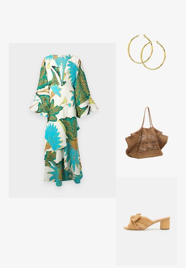 Vestido largo y suelto con un profundo escote en V, mangas acampanadas y vibrantes patrones de hojas tropicales en tonos de teal, dorado y verde sobre un fondo claro.; Sandalias de tacón abiertas en la punta de color beige, trenzadas, con un acento anudado en la parte superior y un tacón de bloque texturizado para mayor estabilidad.; Bolso grande de paja marrón tejida con dos largas asas de cuerda y texto negro cosido en el centro delantero.; Pendientes de aro de oro con un acabado liso y brillante y cierre seguro de pestillo. Diseño circular sin adornos ni patrones adicionales.