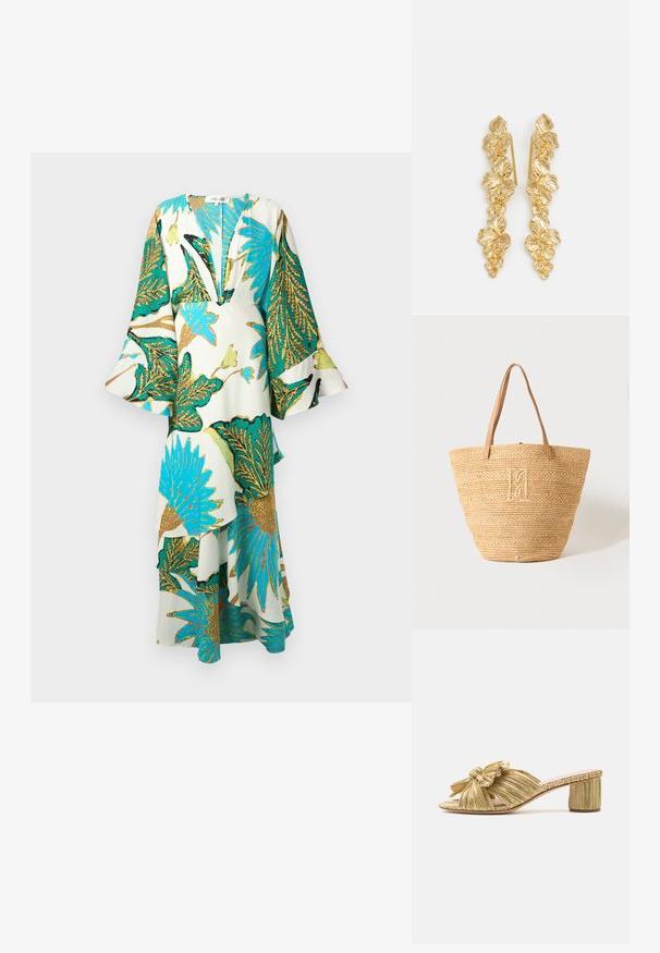 Vestido largo y suelto con un profundo escote en V, mangas acampanadas y vibrantes patrones de hojas tropicales en tonos de teal, dorado y verde sobre un fondo claro.; Sandaña deslizante dorada con detalle de lazo, punta abierta y un tacón cuadrado texturizado. Presenta una suela plana y un forro interno suave.; Bolsa tote beige de paja tejida con dos asas de cuero marrón claro y un monograma bordado sutil en el centro delantero.; Pendientes de oro diseñados como hojas en cascada, con detallados patrones de hojas y un acabado metálico brillante. Ligeros con una estructura delicada.