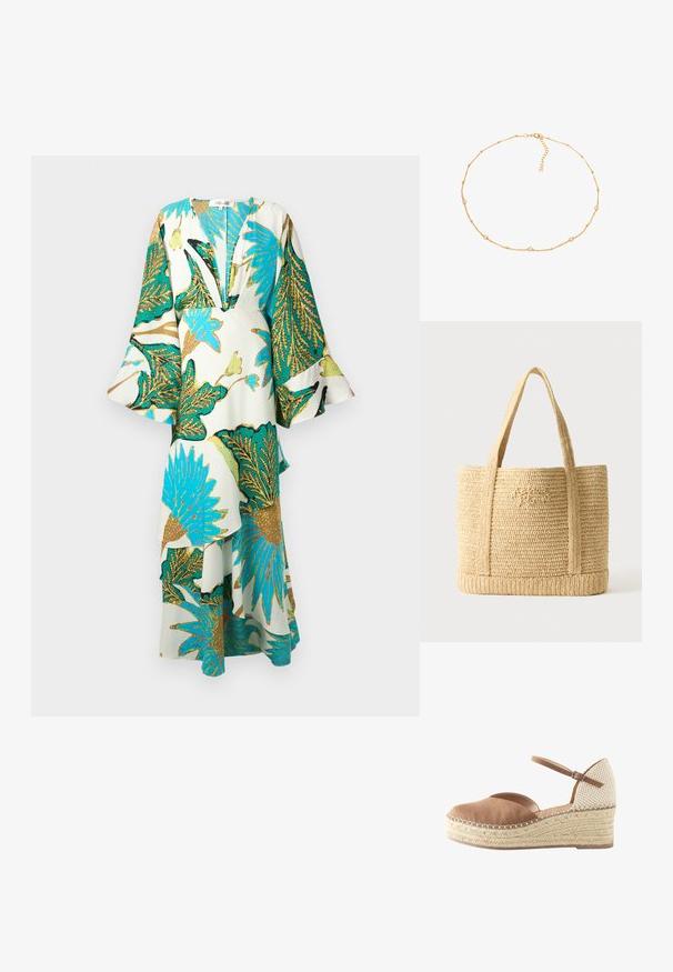 Vestido largo y suelto con un profundo escote en V, mangas acampanadas y vibrantes patrones de hojas tropicales en tonos de teal, dorado y verde sobre un fondo claro.; Alpargata con cuña, parte delantera de ante color cuero, parte trasera tejida beige, correa en el tobillo con hebilla y suela plataforma trenzada de yute.; Bolso tote beige tejido de paja con dos asas para el hombro y un sutil bordado en cursiva en la parte delantera, sobre un fondo liso.; Collar de cadena de oro con pequeñas perlas blancas y acentos metálicos. Presenta un cierre de langosta ajustable y un diseño de eslabones delicado.