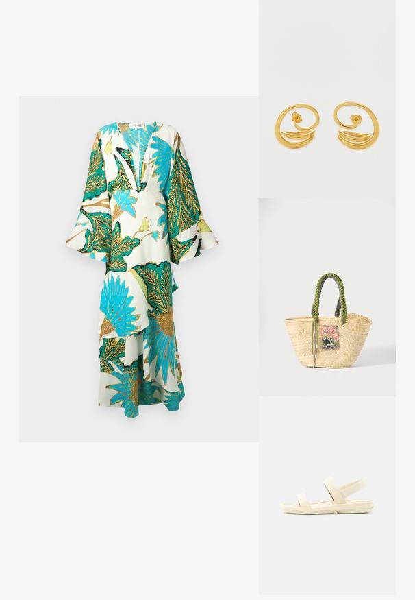 Lang, flydende kjole med dyb V-hals, klokkeærmer og levende tropiske bladmønstre i teal, guld og grøn på en lys baggrund.; Beige sandal med åben tå, to remme over foden og en elastisk rem om anklen, flad sål med let mønster, sidevisning på hvid baggrund.; Vævet beige stråtaske med flettede grønne og sorte håndtag og en farverig rektangulær lap foran.; Gyldne øreringe i hoop-design med et spiralformet mønster, glatte og skinnende overflader samt et enkelt, moderne udseende.