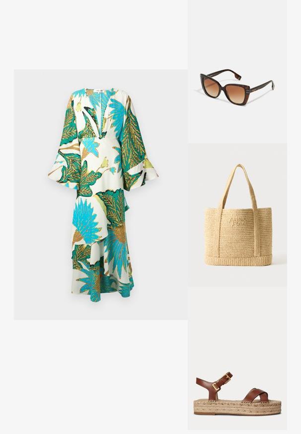 Robe longue et fluide avec un décolleté en V profond, des manches évasées et des motifs de feuilles tropicales vibrants en teal, or et vert sur un fond clair.; Sandale en cuir marron avec bride réglable à boucle dorée et semelle plateforme en jute tressée sur fond clair uni.; Lunettes de soleil à motif écaille de tortue avec un design géométrique surdimensionné et des verres dégradés bruns. Elles présentent des branches robustes avec des détails de marque.; Sac cabas en paille tressée beige avec deux bretelles et une broderie cursive subtile sur le devant, sur un fond uni.