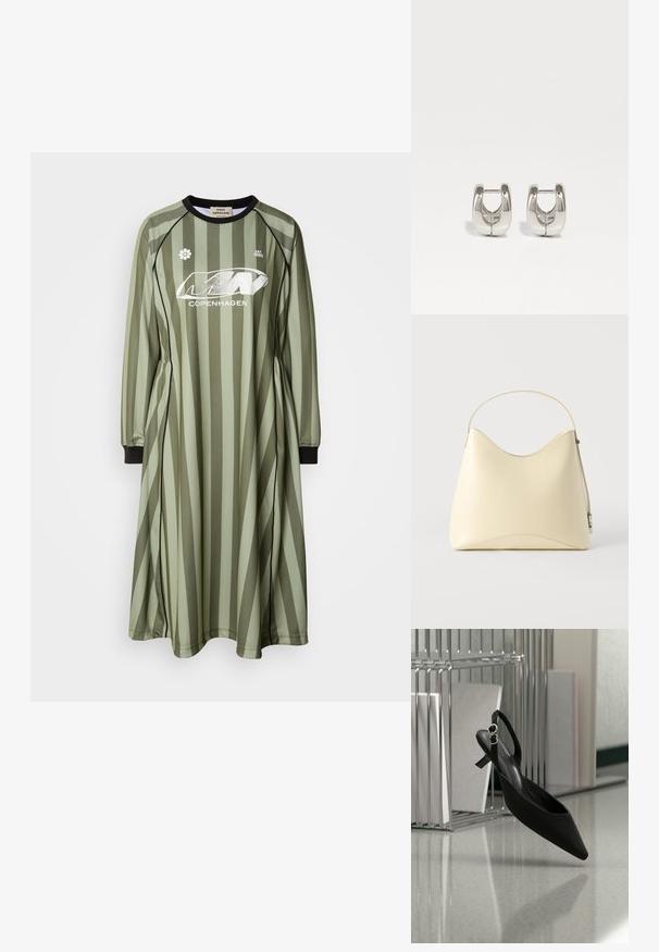 Olivgrünes Kleid mit vertikalen Streifen, langen Ärmeln und rundem Hals. Verfügt über ein Logo und eine Blumengrafik auf der Brust. Weicher Stoff.; Schwarzer Slingback-Pumps mit spitz zulaufender Kappe und kleinem Absatz, schwebend nahe eines Metall-Ordners auf einem reflektierenden Boden.; Cremefarbene Lederhandtasche mit gebogenem oberen Rand und einem einzelnen Riemen, präsentiert vor einem schlichten hellen Hintergrund.; Silberne Creolen in abgerundeter Form, mit einer glatten Metalloberfläche und einem offenen Design in der Mitte, das Licht reflektiert.