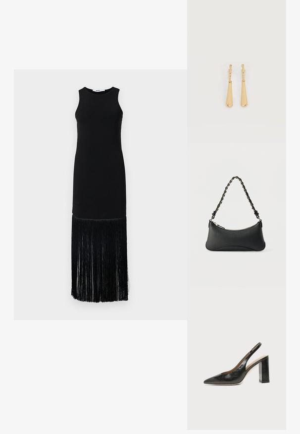Sort ærmeløs kjole med en tætsiddende top og en lang frynsekant, lavet af glat stof med en struktureret frynse detalje for neden.; Sort læder peep-toe slingback sko med høj blokhæl og beige indvendig foring mod en ensfarvet lys baggrund.; Sort skuldertaske i læder med en buet rektangulær form, gyldent kæde vævet ind i en flettet sort rem og toplynlås.; Øreringe i guldfarvet metal med glatte, aflangt dråbeformede vedhæng, der hænger fra små creol-låse på en hvid baggrund.