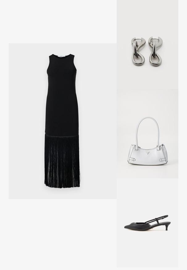 Sort ærmeløs kjole med en tætsiddende top og en lang frynsekant, lavet af glat stof med en struktureret frynse detalje for neden.; Sorte slingback-sko med spids tå, lavet af glat materiale, med en lille hæl og en dekorativ sølvaccent på vamps.; Sølv håndtaske med et struktureret design, der har to håndtag, en skinnende overflade, accenthardware og et trekantet logo på fronten.; Par af sølvtonede metale øreringe med abstrakt sammenflettet løbedesign på hvid baggrund.