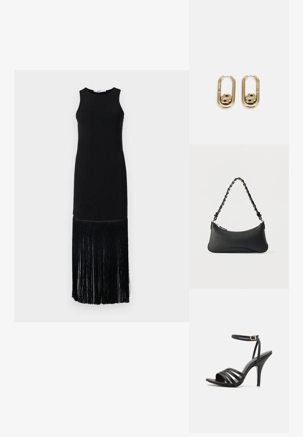 Sort ærmeløs kjole med en tætsiddende top og en lang frynsekant, lavet af glat stof med en struktureret frynse detalje for neden.; Sort stiletto sandal med remme, en slank ankelrem, åben tå og en glat finish. Har en slank hæl og et tekstureret remdesign.; Sort skuldertaske i læder med en buet rektangulær form, gyldent kæde vævet ind i en flettet sort rem og toplynlås.; BOSS DOUBLE B SWING - Øreringe - gold-coloured