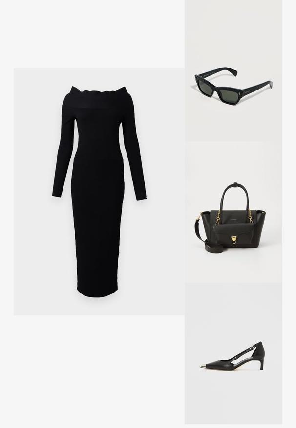 Vestido negro de punto con cuello off-the-shoulder, mangas largas y silueta ajustada que se extiende hasta la mitad de la pantorrilla.; Zapato de tacón bajo tipo kitten heel de cuero negro con puntera plateada puntiaguda y correas dobles con hebilla sobre un fondo blanco.; Gafas de sol rectangulares negras con lentes oscuras y patillas finas, con el logo de McQueen en la varilla, descansando sobre una superficie blanca.; Bolso de cuero negro con doble asa y correa de hombro desmontable, que cuenta con un bolsillo frontal asegurado con un cierre dorado. Detalles en hardware dorado.