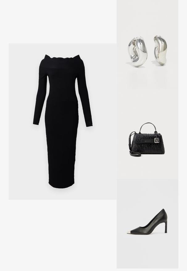 Vestido negro de punto con cuello off-the-shoulder, mangas largas y silueta ajustada que se extiende hasta la mitad de la pantorrilla.; Zapato de tacón alto de cuero negro con punta en forma de pico y una tapa metálica plateada. Presenta un acabado suave y un tacón delgado de 10 cm.; Bolso de mano negro hecho de material texturizado, que presenta un logo en relieve, un asa superior y una correa de hombro desmontable con herrajes plateados.; Pendientes escultóricos de plata con formas suaves y curvas y superficies reflectantes. Presentan un diseño de aro cerrado y una forma orgánica distintiva.