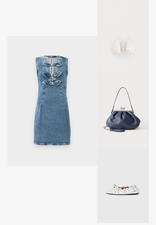 Denimkleit, mille kitsas siluett, helesinine värv, ilma varrukateta disain, esitasapinnale on lisatud kolm kangast paela.; Hõbedase metallilise läikega tasapinnaline king, mille külgedel on volditud elastsed detailid ja ees dekoratiivne sõlm, esitletud küljelt hallil taustal.; Pehme tumesinine nahast käekott hõbedase klambriga, ühe õlarihmaga ja eemaldatava ketiga randmerihmaga valgel taustal.; Hõbeda metallist tilgakujulised ripatsid, millel on sile ja peegeldav pind, ning tilga kuju, millel on pidev disain ja ei ole nähtavaid kaunistusi.