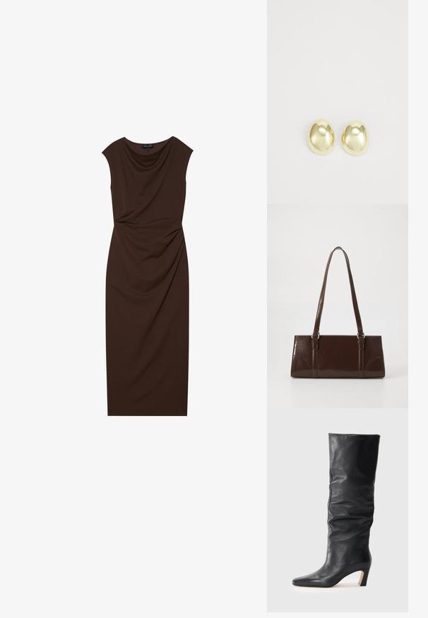 Robe marron longueur genou en tissu lisse, avec un décolleté drapé, des manches courtes et des ruchés sur un côté.; Botte en cuir noir mi-mollet à talon avec une tige légèrement affaissée et un bout pointu sur un fond clair.; Sac à main en cuir verni marron de forme rectangulaire, avec deux longues poignées et des accents courbés subtils à l'avant.; Boucles d'oreilles en métal doré avec une forme lisse et arrondie et une finition polie. Design simple sans embellissements supplémentaires.