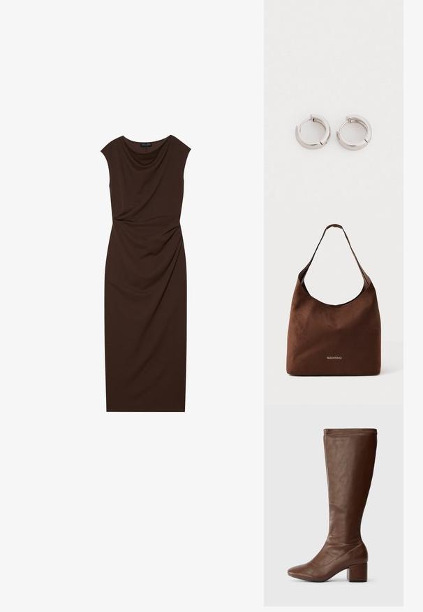 Robe marron longueur genou en tissu lisse, avec un décolleté drapé, des manches courtes et des ruchés sur un côté.; Bottes en cuir marron, montantes jusqu'au genou, avec un bout pointu et un talon carré. Texture lisse, détail de couture minimal le long du bord supérieur.; Sac hobo en suède marron avec une seule bandoulière et un design simple et épuré. Présente un logo "Valentino" doré en bas.; Boucles d'oreilles en métal argenté en forme de cercle avec une finition polie. Chaque boucle d'oreille est équipée d'un fermoir à charnière pour un port sécurisé.