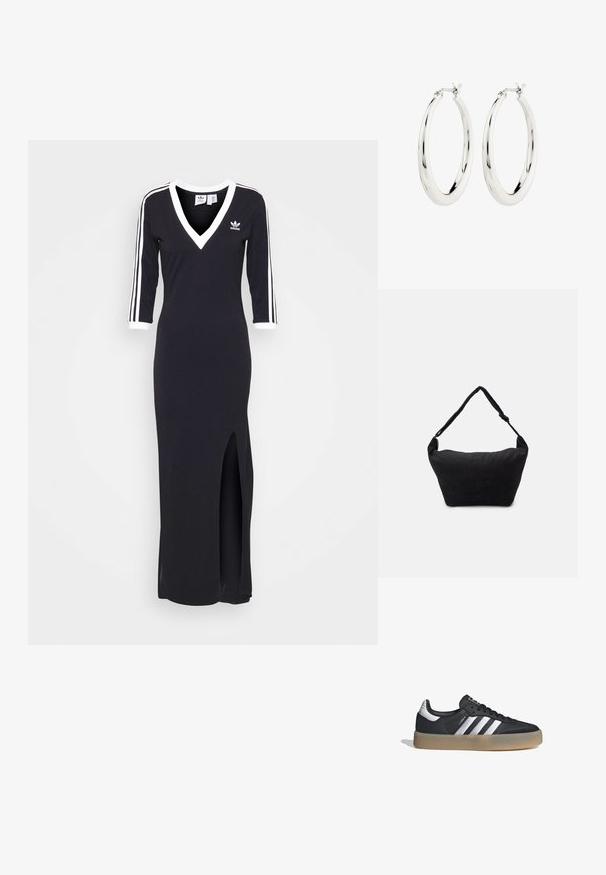 Vestido negro de manga larga con escote en V, franjas blancas a lo largo de las mangas y una apertura lateral. Hecho de tela suave, presenta un pequeño logo en el pecho.; Zapatilla deportiva de cuero negro con tres rayas plateadas, punta texturizada y suela de goma. Cuenta con un collar acolchado y un diseño con cordones.; Bolso de hombro de tela negro con una superficie suave y texturizada, forma redondeada y una sola correa. Diseño minimalista sin hardware ni acentos visibles.; Pendientes de aro de plata con un acabado suave y brillante. Forma circular, con un cierre seguro. Diseño sencillo y elegante.