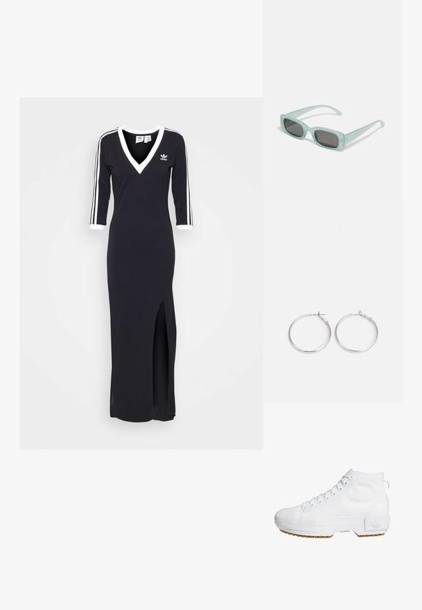 Vestido negro de manga larga con escote en V, franjas blancas a lo largo de las mangas y una apertura lateral. Hecho de tela suave, presenta un pequeño logo en el pecho.; Zapatilla alta en lona blanca con puntera texturizada, parte delantera con cordones y suela de goma. Presenta un diseño minimalista y un detalle de logo.; Un par de gafas de sol rectangulares con montura translucida azul clara y lentes gris oscuro, que cuentan con patillas rectas y detalles de hardware mínimos.; sweet deluxe EARRING - Pendientes - silver-coloured
