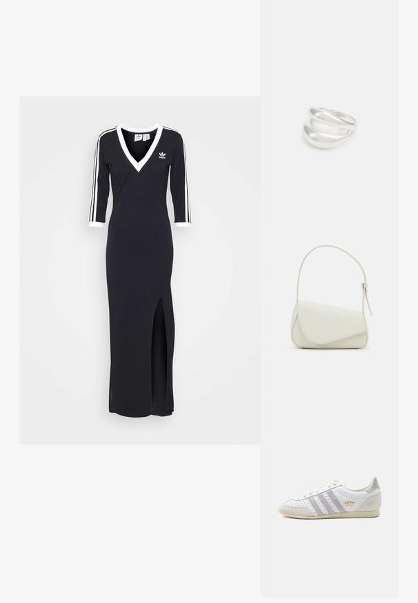 Vestido negro de manga larga con escote en V, franjas blancas a lo largo de las mangas y una apertura lateral. Hecho de tela suave, presenta un pequeño logo en el pecho.; Zapatilla blanca Adidas Japan con rayas y talón de ante gris, laterales perforados, suela beige y branding dorado de Adidas Japan en el lateral.; Bolso de mano de imitación cuero blanco con una forma triangular estructurada, correa ajustable única y cierre con solapa acentuada en curva.; Anillo de plata de doble banda con una superficie lisa y pulida. Presenta un diseño fluido y curvado con secciones superpuestas para un aspecto moderno.