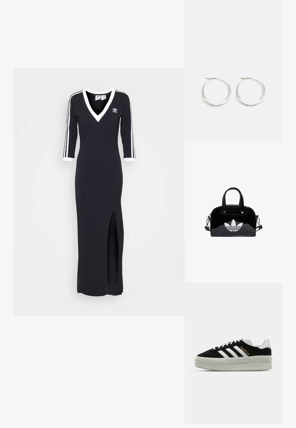 Vestido negro de manga larga con escote en V, franjas blancas a lo largo de las mangas y una apertura lateral. Hecho de tela suave, presenta un pequeño logo en el pecho.; Zapatillas negras de ante con detalles en cuero blanco, tres rayas blancas, cordones planos y una gruesa suela de plataforma gris. Marca "Gazelle" en dorado.; Bolso de mano de charol negro con forma redondeada, dos asas en la parte superior, acentos plateados y un prominente logotipo blanco en la parte delantera.; Los pendientes de aro de plata presentan un diseño suave y redondeado con un perfil delgado y un cierre seguro. Estilo minimalista con un acabado pulido.
