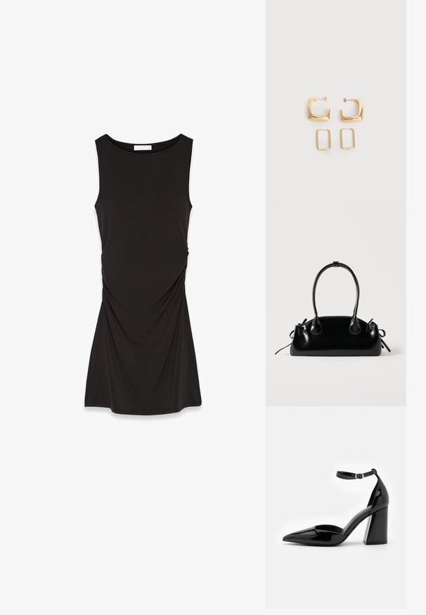 Robe noire sans manches en tissu doux, avec un col rond et des détails froncés sur les côtés pour une silhouette fluide.; Chaussure à talon haut en cuir verni noir avec un bout pointu, une bride de cheville et un large talon bloc pour la stabilité, présentant une texture lisse et brillante.; Petit sac à main noir brillant avec deux longues anses et des détails à cordon sur les côtés sur un fond clair uni.; Deux paires de Boucles d'oreilles créoles géométriques dorées sur une surface blanche unie, une paire carrée et pleine, une paire rectangulaire et creuse.