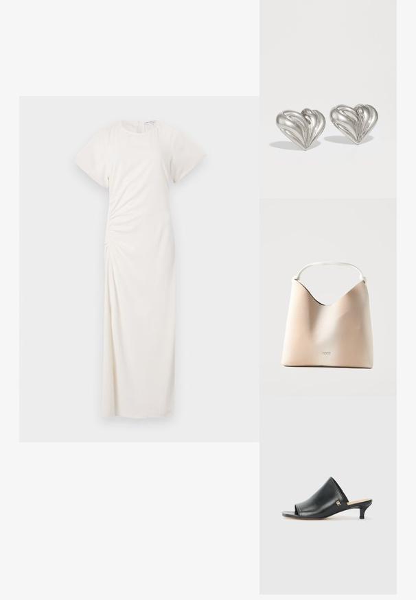 Vestido blanco con mangas cortas, escote redondeado y detalle de fruncido lateral; tejido suave con una silueta de largo hasta el suelo.; Mules de cuero negro de punta abierta con un tacón bajo. Presentan una superficie lisa y un acento del logo dorado en el costado.; Bolso beige de DKNY con parte superior curva y asa blanca única, superficie texturizada, diseño minimalista y pequeño logo centrado en el frente.; Pendientes en forma de corazón de plata con un diseño de ondas texturizadas y un pequeño acento en forma de domo en el centro. Acabado metálico liso con una calidad reflectante.