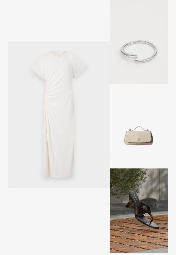 Robe blanche à manches courtes, décolleté rond et détails de ruching sur les côtés ; tissu lisse avec une silhouette longue jusqu'au sol.; Sandale à talon marron Calvin Klein suspendue au-dessus d'un sol extérieur en dalles de bois et gravier avec un arrière-plan flou de verdure et de pierres.; Petit sac à main en cuir beige avec poignée supérieure et logo CK argenté sur le rabat avant, présenté sur fond blanc.; Calvin Klein SPIRAL - Bracelet - silver-coloured