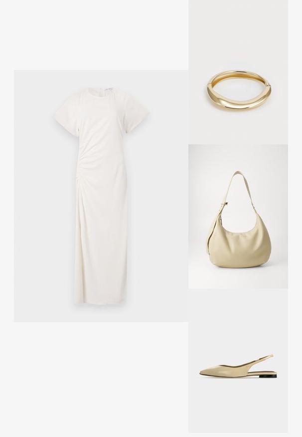 Hvid kjole med korte ærmer, rund halsudskæring og ruching-detalje i siden; glat stof med en gulvlængde silhuet.; Beige spids tå slingback flad sko med lav sort hæl og en glat læderfinish, vist fra siden på en ensfarvet baggrund.; Beige læder skuldertaske med en buet form, justerbar rem og præget logo detalje, der har en glat tekstur og minimalistisk design.; Guldtonet armbånd med et glat, afrundet design. Har en poleret overflade og en åben baggrund for nem påtagning.