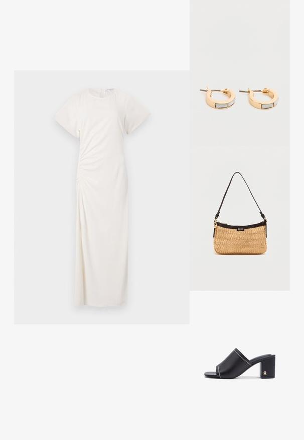 Vestido blanco con mangas cortas, escote redondeado y detalle de fruncido lateral; tejido suave con una silueta de largo hasta el suelo.; Mule negro de punta abierta con una amplia banda de cuero, costuras blancas, tacón cuadrado y pequeño logo dorado en el lateral del tacón.; Pequeño bolso tejido beige con ribetes negros, correa de hombro negra, cremallera dorada y logotipo BOSS en el centro del frente.; Pendientes de aro de oro con incrustaciones rectangulares blancas, exhibidos uno al lado del otro sobre un fondo claro y sencillo.
