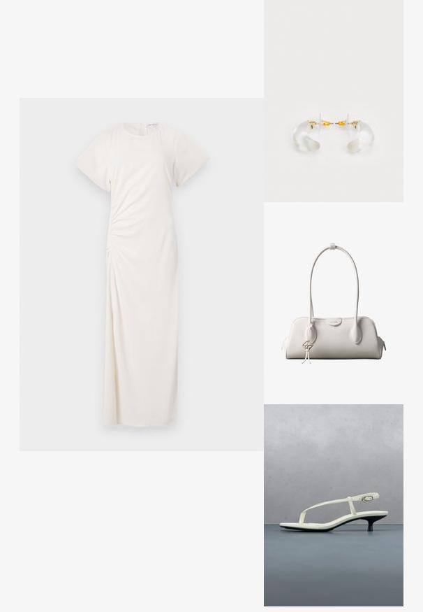Robe blanche à manches courtes, décolleté rond et détails de ruching sur les côtés ; tissu lisse avec une silhouette longue jusqu'au sol.; Sandale blanche à talon kitten avec des lanières et un bout pointu, flottant au-dessus d'un sol en carrelage en bois en plein air avec un arrière-plan flou de plante et de mur.; Sac à bandoulière blanc Calvin Klein avec longues poignées, forme rectangulaire, fermeture éclair et charm logo décoratif suspendu près de la poignée.; Boucles d'oreilles en acrylique transparent avec accents dorés, présentant un design incurvé et un fermoir transparent. Texture lisse, style minimaliste.