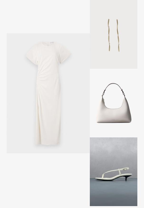 Robe blanche à manches courtes, décolleté rond et détails de ruching sur les côtés ; tissu lisse avec une silhouette longue jusqu'au sol.; Sandale blanche à talon kitten avec des lanières et un bout pointu, flottant au-dessus d'un sol en carrelage en bois en plein air avec un arrière-plan flou de plante et de mur.; Sac à bandoulière en cuir couleur crème de Calvin Klein avec bord supérieur incurvé, fermeture éclair argentée et sangle ajustable brun foncé.; Longues boucles d'oreilles en or composées de quatre barres incurvées allongées reliées entre elles sur fond blanc.