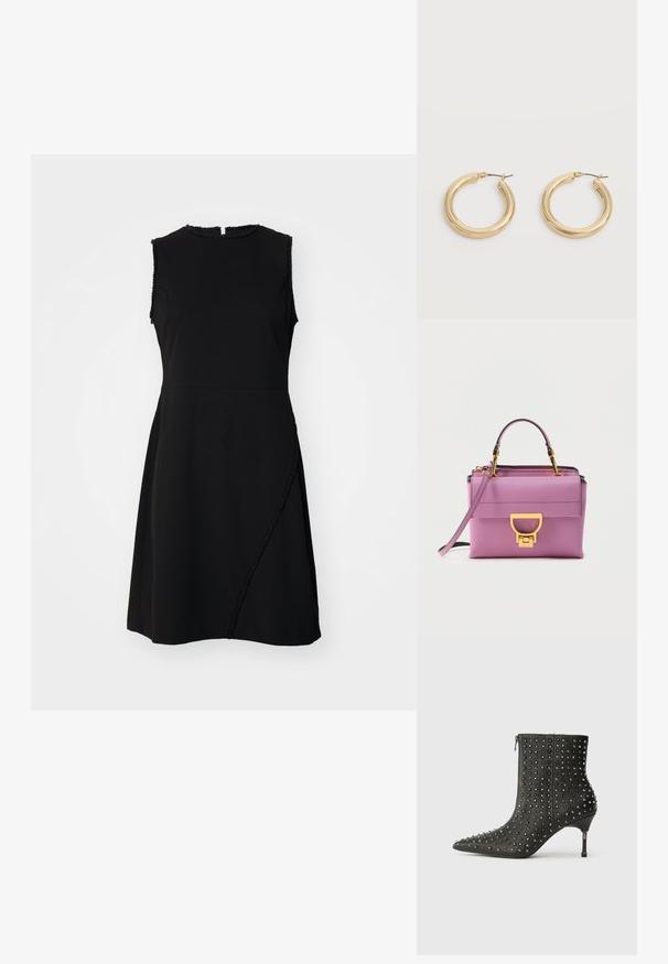Robe noire sans manches avec un col rond, une finition texturée et une couture courbée avec des détails décoratifs sur le devant.; Bottines en cuir noir à bouts pointus, décorées de clous en argent et d'accents en forme d'étoile, avec un talon de hauteur intermédiaire et une fermeture éclair sur le côté.; Sac à main en cuir violet au design structuré, avec une fermeture en métal doré et une sangle d'épaule amovible. Texture lisse.; Paire de boucles d'oreilles épaisses en or brillant avec tiges métalliques sur un fond gris clair.