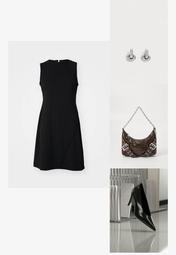 Robe noire sans manches avec un col rond, une finition texturée et une couture courbée avec des détails décoratifs sur le devant.; Chaussure noire à talon haut avec bout pointu et logo doré, posée sur une surface réfléchissante près d'un organiseur de dossiers en fil chromé contenant des documents.; Sac à main en cuir verni marron foncé avec une bandoulière en chaîne argentée, des ceintures décoratives à double boucle et une fermeture éclair.; Paire de petites boucles d'oreilles créoles argentées brillantes avec une base ronde, présentées sur un fond clair uni.