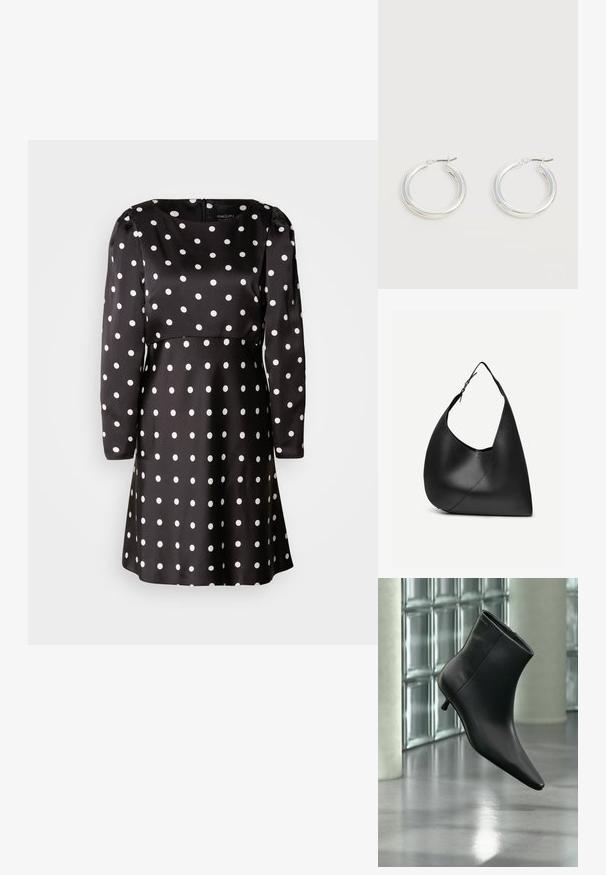 Robe noire à pois avec des manches longues et un col arrondi. Fabriquée en tissu lisse, elle présente des motifs circulaires blancs partout.; Bottine en cuir noir à bout pointu et petit talon kitten, présentée en angle devant un sol poli et un mur en blocs de verre.; Sac à épaule en cuir noir avec forme triangulaire incurvée, une seule sangle ajustable, et une couture diagonale visible à l'avant.; Paire de boucles d'oreilles créoles moyennes argentées brillantes avec de fines attaches métalliques sur un fond clair et neutre.