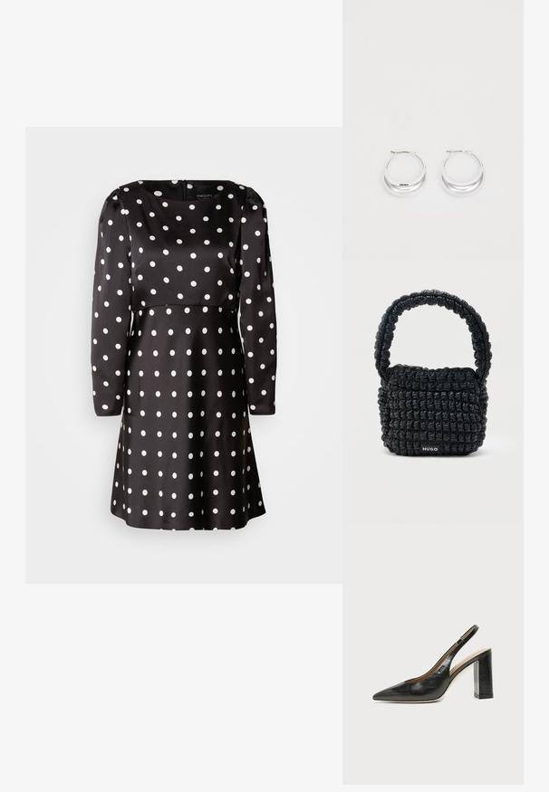 Sort kjole med hvide prikker, lange ærmer og rund halsudskæring. Lavet af glat stof med hvide cirkulære mønstre over det hele.; Sort læder peep-toe slingback sko med høj blokhæl og beige indvendig foring mod en ensfarvet lys baggrund.; Lille sort quiltet håndtaske med kort polstret håndtag og "HUGO" mærke på forsiden, vist mod en ensfarvet lys baggrund.; Sølv hoops øreringe med en poleret overflade og DKNY branding, præsenteret mod en simpel hvid baggrund.