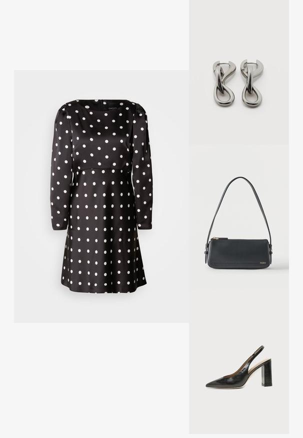 Sort kjole med hvide prikker, lange ærmer og rund halsudskæring. Lavet af glat stof med hvide cirkulære mønstre over det hele.; Sort læder peep-toe slingback sko med høj blokhæl og beige indvendig foring mod en ensfarvet lys baggrund.; Sort rektangulær skuldertaske i læder med guld lynlås og lille guld "HUGO"-logo på fronten, med justerbar strop med spænde.; Par af sølvtonede metale øreringe med abstrakt sammenflettet løbedesign på hvid baggrund.