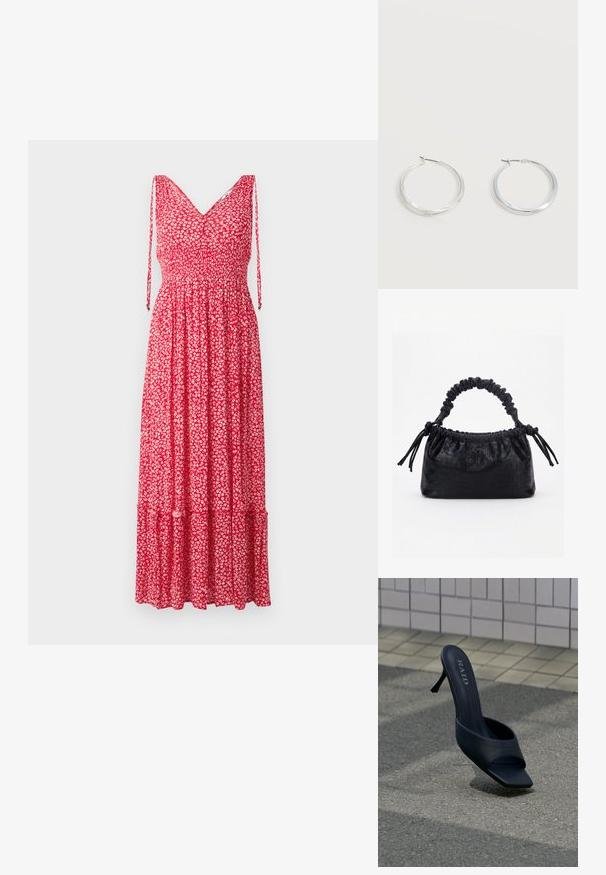 Robe maxi à fleurs rouges avec décolleté en V, bretelles ajustables, corsage froncé et ourlet à volants. Le tissu présente de petits motifs floraux blancs.; Mule noire à talon haut avec bout ouvert et marquage "RAID" sur la semelle intérieure, posée sur un trottoir gris près d’un mur carrelé.; Sac à main noir avec texture crocodile, bord supérieur froncé, poignée plissée et pompons à cordon de chaque côté sur fond blanc.; Boucles d’oreilles créoles en métal argenté avec une surface lisse légèrement incurvée et des fermoirs à clapet sur un fond blanc uni.