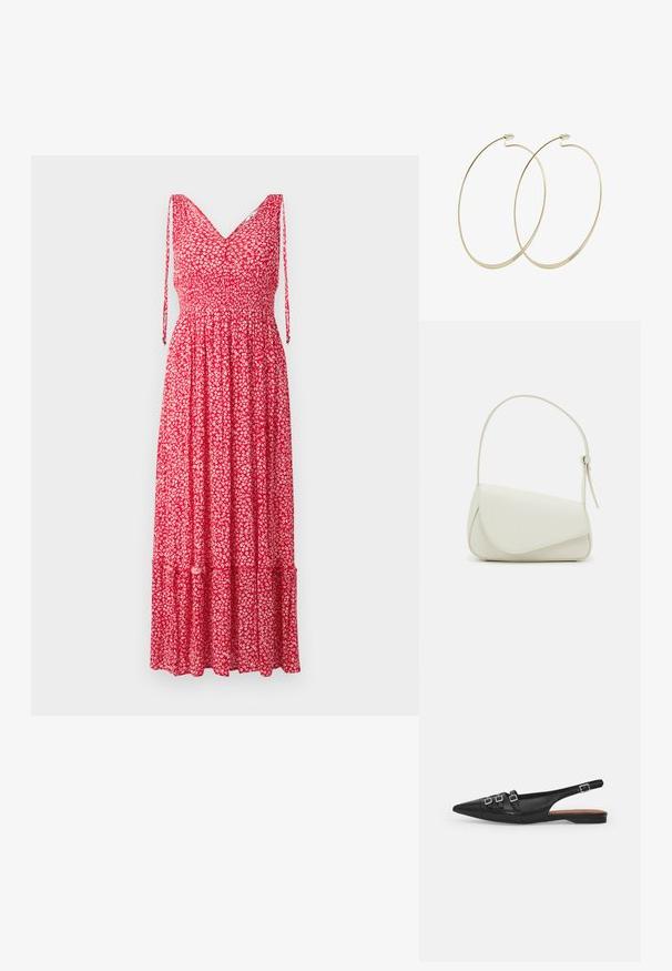 Vestido maxi rojo con flores, escote en V, tirantes ajustables, cuerpo fruncido y dobladillo en capas. La tela presenta pequeños patrones florales blancos.; Zapato plano slingback de cuero negro con puntera puntiaguda, que presenta dos correas horizontales y hebillas plateadas cuadradas, tacón bajo y textura suave.; Bolso de mano de imitación cuero blanco con una forma triangular estructurada, correa ajustable única y cierre con solapa acentuada en curva.; Pilgrim Pendientes - gold-coloured