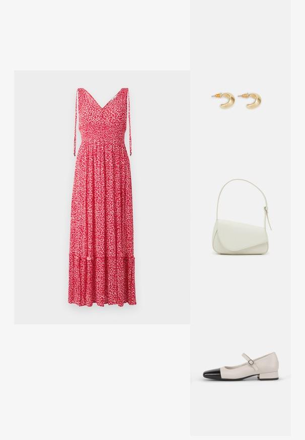 Robe maxi à fleurs rouges avec décolleté en V, bretelles ajustables, corsage froncé et ourlet à volants. Le tissu présente de petits motifs floraux blancs.; Chaussure de style Mary Jane en cuir crème avec un bout en vernis noir. Présente un bout rond, une sangle de cheville avec une boucle carrée et un petit talon carré.; Sac à main en cuir synthétique blanc avec une forme triangulaire structurée, une bandoulière unique réglable et un rabat à courbes accentuées.; Boucles d'oreilles en forme de croissant en or avec une finition lisse, présentant des accents orange près du clou et un matériel en argent.