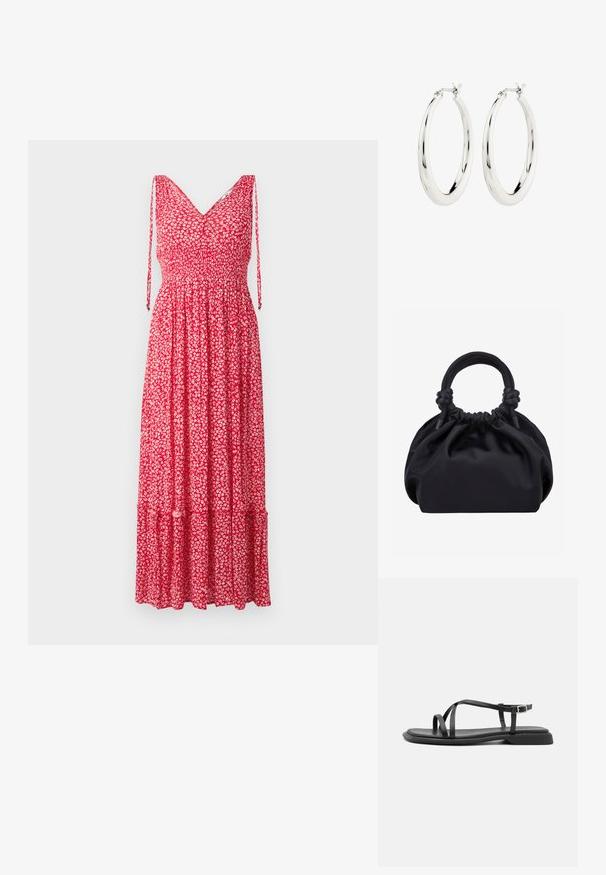 Rode bloemrijke maxi-jurk met V-hals, verstelbare straps, gerimpelde korsage en gelaagde zoom. Stof bevat kleine witte bloemmotieven.; Zwarte platte sandalen met dunne verstelbare bandjes, rechthoekige teenpost en een gestructureerde matte afwerking. Voorzien van een lage, licht vierkante hak.; Zwarte zachte stoffen handtas met geplooide bovenkant en ronde gewatteerde handvatten, vastgeknoopt aan elke kant.; Zilveren oorbellen in de vorm van een gladde, glanzende ring. Circulaire vorm, voorzien van een veilige sluiting. Eenvoudig en elegant ontwerp.