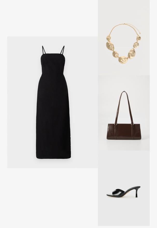 Schwarzes, bodenlanges Kleid mit dünnen Trägern, einem taillierten Oberteil und einer glatten Textur. Minimalistisches Design ohne Muster oder Akzente.; Schwarze Leder-Pumps mit hohen Absätzen und offenem Zehenbereich sowie einem breiten, geschwungenen Oberriemen. Glatte Textur und schlanker Silhouette.; Braune Lackleder-Handtasche in rechteckiger Form, mit zwei langen Griffen und subtilen, geschwungenen Akzenten auf der Vorderseite.; Goldfarbene Kettenkette mit sechs unregelmäßigen, gehämmerten ovalen und runden Metallplatten, die miteinander verbunden sind und einen verstellbaren Verschluss haben.