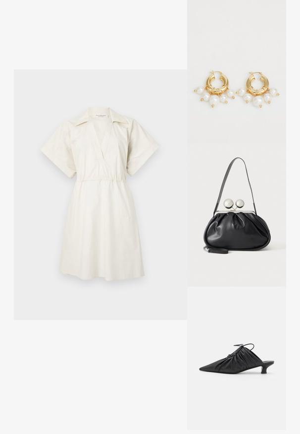 Weißes Kurzarmkleid mit V-Ausschnitt und geraffter Taille, aus leichtem Stoff, mit lockerem Schnitt und minimalen Details.; Schwarze Leder-Mules zum Hineinschlüpfen mit spitzer Zehe, geraffter Textur und kleinem Kitten-Heel. Verfügt über ein Zugbanddetail am Öffnung.; Schwarze Ledertasche mit gerafftem Design, einem einzelnen Riemen, silbernem Metallrahmen und zwei großen runden silbernen Verschlüssen.; Goldene Creolen mit drei hängenden weißen Perlen, gesichert mit Drahtakzenten. Glatte metallische Oberfläche mit einem polierten Look.
