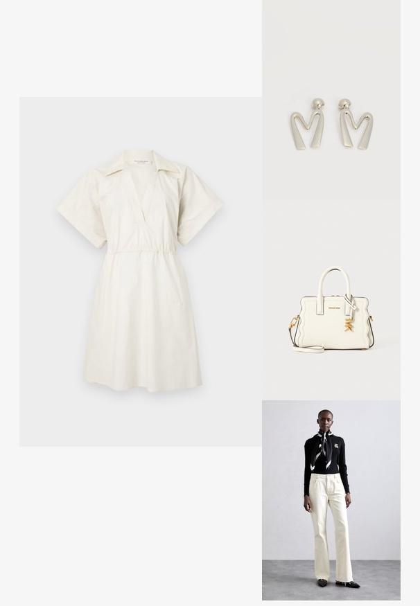 Vestido blanco de manga corta con escote en V y cintura ajustada, hecho de un tejido ligero, que presenta un corte holgado y detalles mínimos.; Jersey de canalé negro con un pin, pantalones anchos color crema y una bufanda con estampado en blanco y negro. La modelo lleva zapatos negros de punta afilada.; Bolso de mano blanco estructurado con bordes laterales ondulados, herrajes dorados, asas superiores, una correa para el hombro y colgantes MK en una de las asas.; Par de pendientes de metal plateado con forma de letra M angular y postes redondeados sobre un fondo blanco.