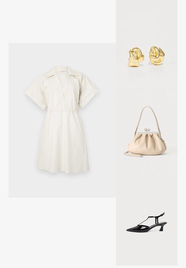 Hvid, kortærmet kjole med V-udskæring og indsnævret talje, lavet af letvægtsstof, med en afslappet pasform og minimal detaljer.; Sort laklæder spids tå slingback sko med T-rem og lav skrå blokhæl på hvid baggrund.; Beige blød læderhåndtaske med en sølv metalramme-lukning, enkelt skulderstrop og en valgfri kæderem på en hvid baggrund.; Guldtonede metalstud øreringe med et skulpturelt, snoet design. Glat, blank overflade med en afrundet form og ingen synlige udsmykninger.