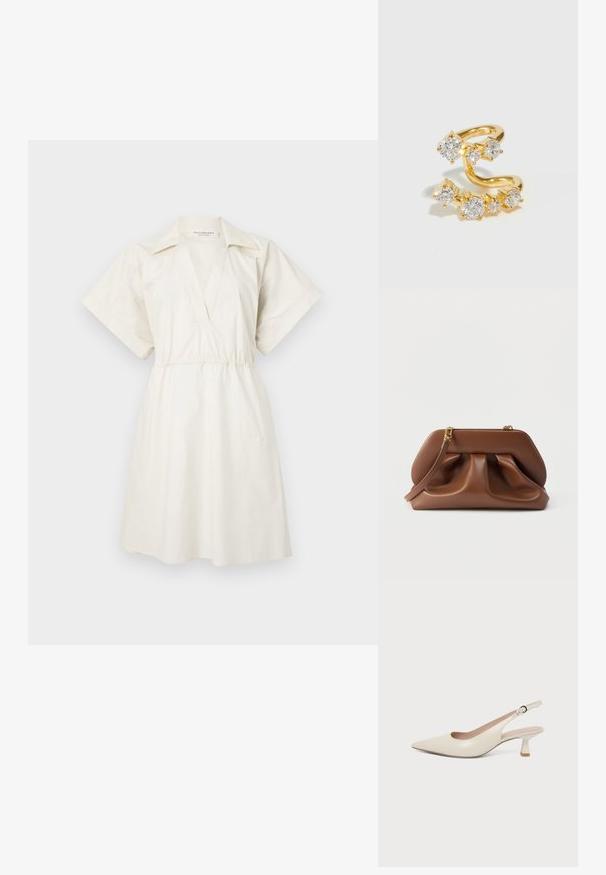 Vestido blanco de manga corta con escote en V y cintura ajustada, hecho de un tejido ligero, que presenta un corte holgado y detalles mínimos.; Zapato slingback color crema con punta puntiaguda, tacón pequeño curvado tipo kitten heel y correa ajustable con hebilla.; Bolso de mano de cuero marrón con diseño fruncido, herrajes de tono dorado y correa de muñeca desmontable sobre un fondo blanco.; Anillo envolvente de oro que presenta múltiples piedras preciosas transparentes de diferentes tamaños, engastadas en una banda texturizada con un acabado suave.