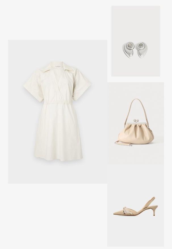 Hvid, kortærmet kjole med V-udskæring og indsnævret talje, lavet af letvægtsstof, med en afslappet pasform og minimal detaljer.; Beige slingback-kittensko med spids tå, dekorativ knudedetalje på overdelen og en lav, slank hæl.; Beige blød læderhåndtaske med en sølv metalramme-lukning, enkelt skulderstrop og en valgfri kæderem på en hvid baggrund.; Par skinnende sølvfarvede metaløreringe med spiraldesign og en rund sten i midten på en ensartet hvid baggrund.