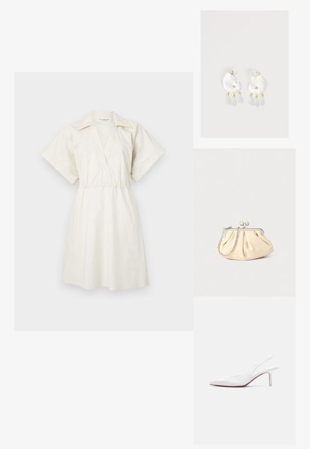 Hvid, kortærmet kjole med V-udskæring og indsnævret talje, lavet af letvægtsstof, med en afslappet pasform og minimal detaljer.; Hvid læder slingback damesko med spids tå, lav kittenhæl og lille dekorativ sløjfe på toppen, vist i sideprofil.; Plisseret beige læderclutch med en sølvmetalramme, der har to runde dekorative låse og en sølvkædetrasporte.; Gennemsigtige øreringe i skalform af harpiks med små gyldne accenter og tre hængende gennemsigtige dråbeformede charms på hver ørering.