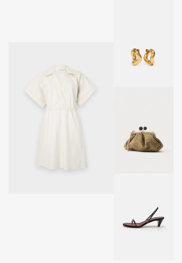 Vestido blanco de manga corta con escote en V y cintura ajustada, hecho de un tejido ligero, que presenta un corte holgado y detalles mínimos.; Sandal de tacón negro con tiras finas y una pequeña hebilla decorativa. La plantilla es de un color burdeos contrastante y cuenta con un tacón cónico delgado.; Pequeño bolso de mano con patrón geométrico en dorado y negro, marco metálico dorado, cierre de bola negro y una corta correa de cadena dorada.; Pendientes de aro en tono dorado con un diseño ondulado, que presentan una superficie lisa y brillante y una forma aerodinámica. Sin cierres visibles.